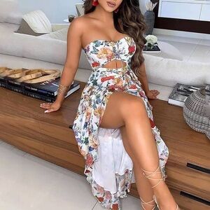 Italian euro style resort dress hi-low strapless floral romantic garden dress